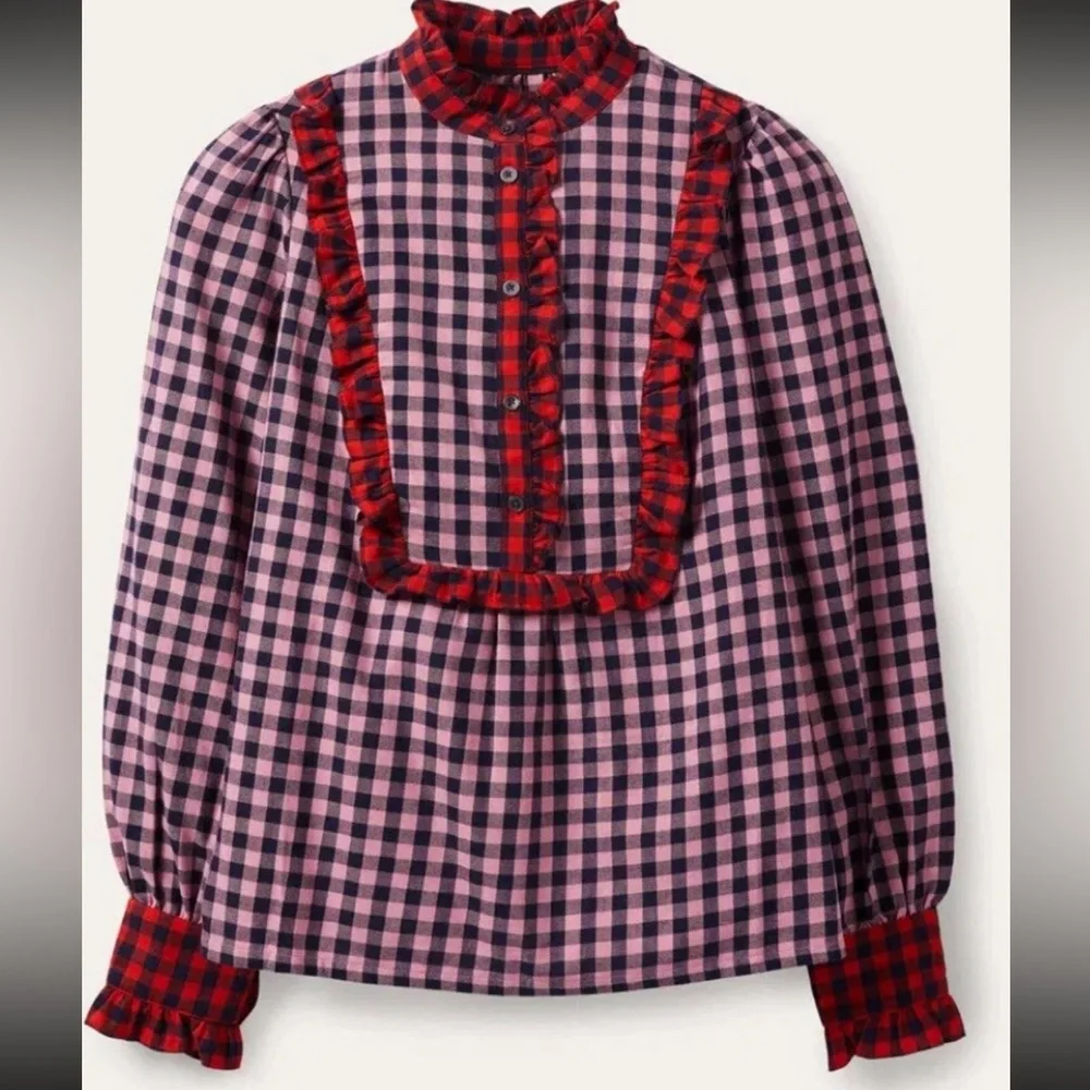 Boden Isla Frill Detail Blouse Formica Pink and Navy Gingham 8 ruffle plaid soft - Picture 5 of 5